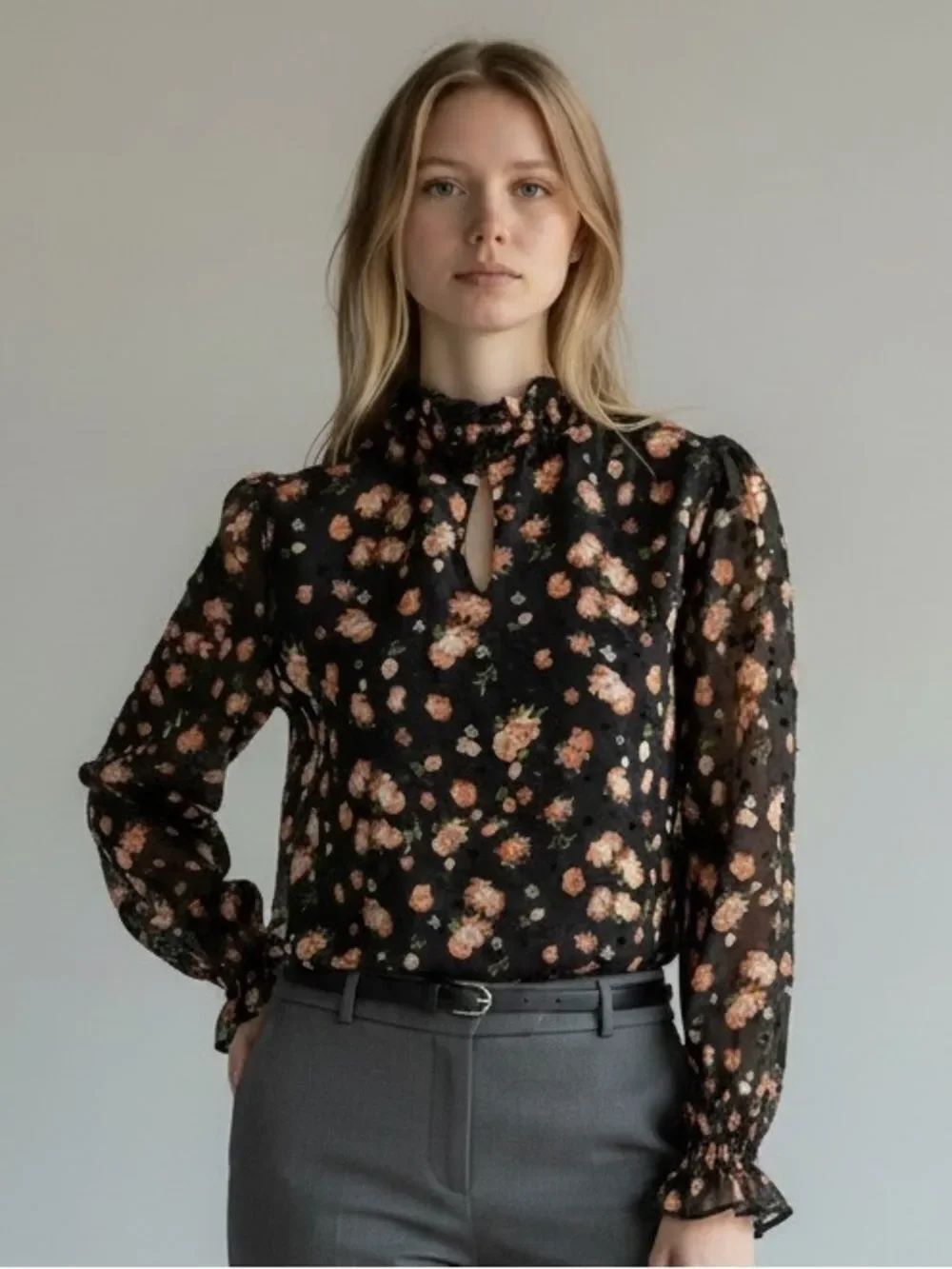 A Love Story Black Floral Roseann Mock Neck Puff Sleeve